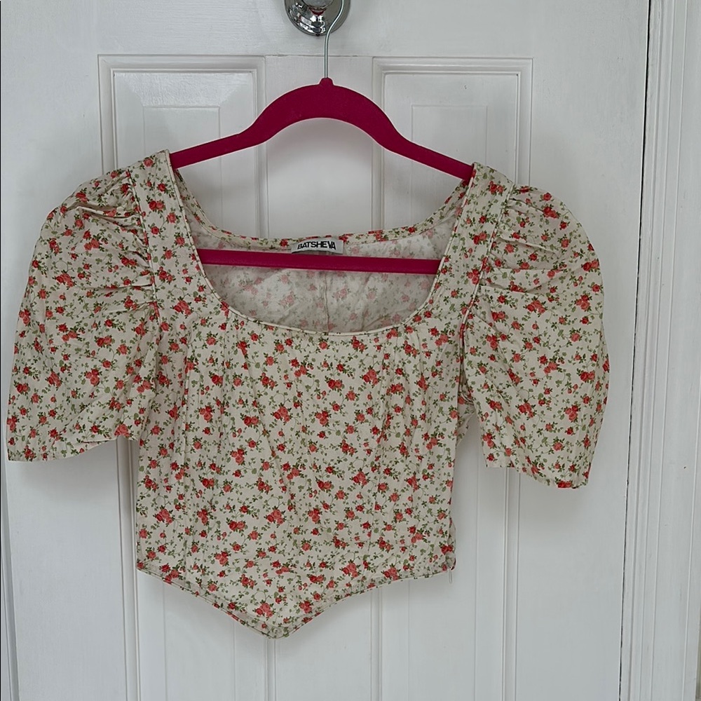 Batsheva pink floral puff sleeve crop top, size 4